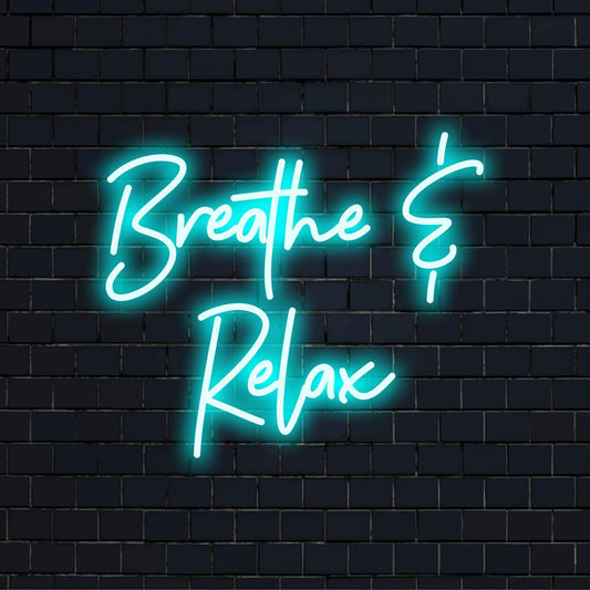 Vibrant LED neon sign spelling Breathe Relax, ideal for tranquil spaces, modern wall decor, and personalized ambiance lighting.