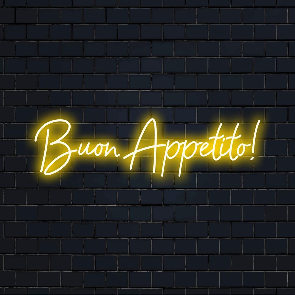 Vilkas "Buon Appetito!" LED-neonkyltti valaisee minkä tahansa tilan tarjoten lämpimän ja kutsuvan tunnelman mukautetulla neonvalotaiteella.