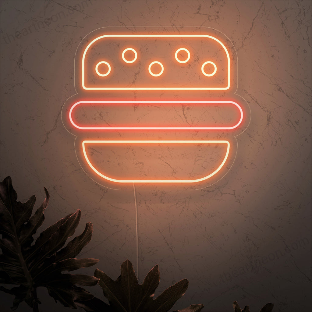 "Burger Neon Sign" är ett klassiskt och aptitretande tillskott till din restauranginredning. Ett neonljus som visar upp den ikoniska symbolen för en utsökt hamburgare.