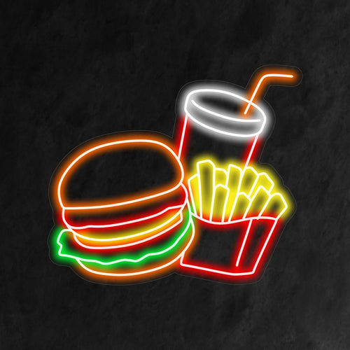 "Burger French Fries and Coke Neon Sign" on suussa sulava lisä ravintolasi sisustukseen. Neonvalo, joka esittelee klassisen hampurilaisen, perunoiden ja koksin yhdistelmän.