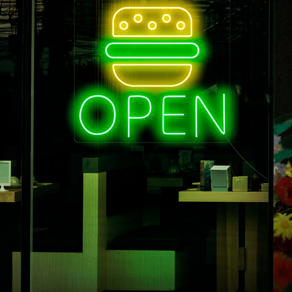 "Burger Open Neon Sign" - Ett inbjudande neonljus med orden "Burger Open", som ingjuter energi och signalerar att din anläggning är redo att servera läckra hamburgare.