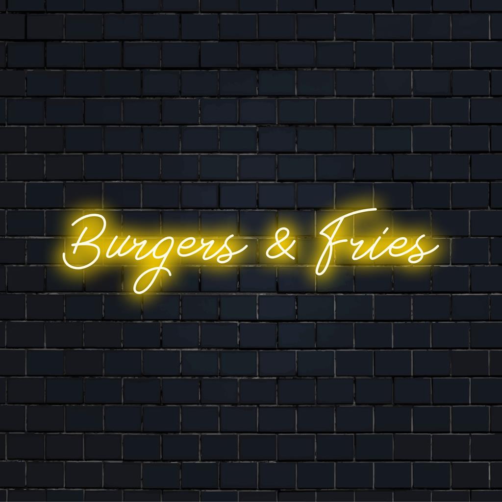 Skräddarsydd LED-neonskylt med Burgers And Fries-text i lekfullt teckensnitt, perfekt för restauranginredning eller spelrumsbelysning.