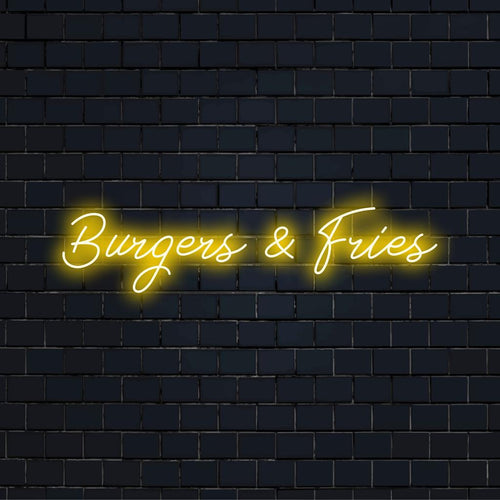Mittatilaustyönä valmistettu LED-valokyltti, jossa on Burgers And Fries -teksti leikkisällä fontilla, ihanteellinen ravintolan sisustukseen tai pelihuoneen valaistukseen.