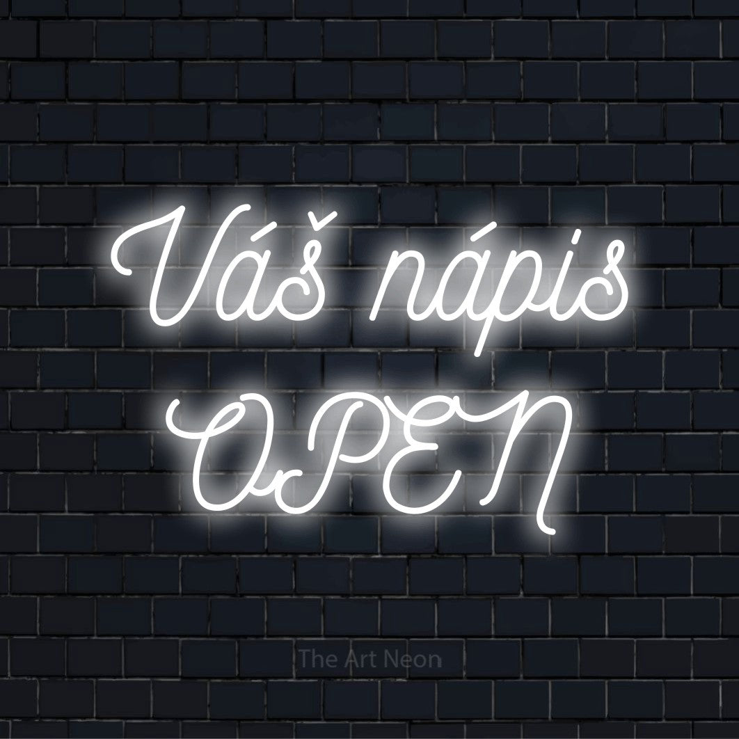 Neonový nápis na míru „Váš nápis OPEN“ na černé cihlové zdi