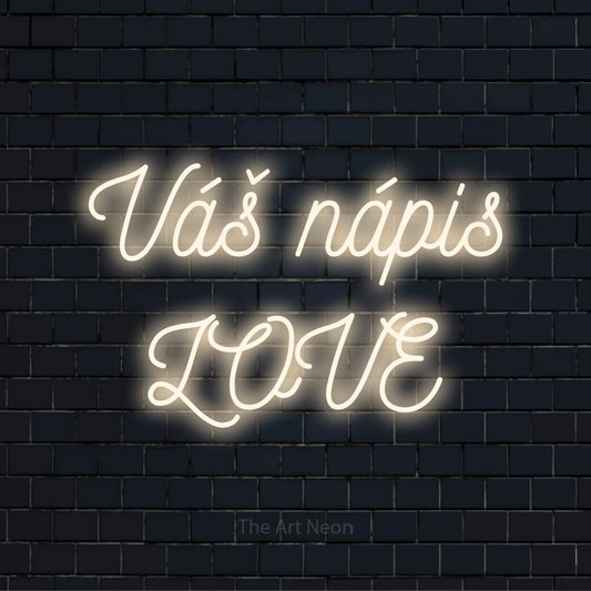Neonový nápis na míru „Váš nápis LOVE“ na černé cihlové zdi
