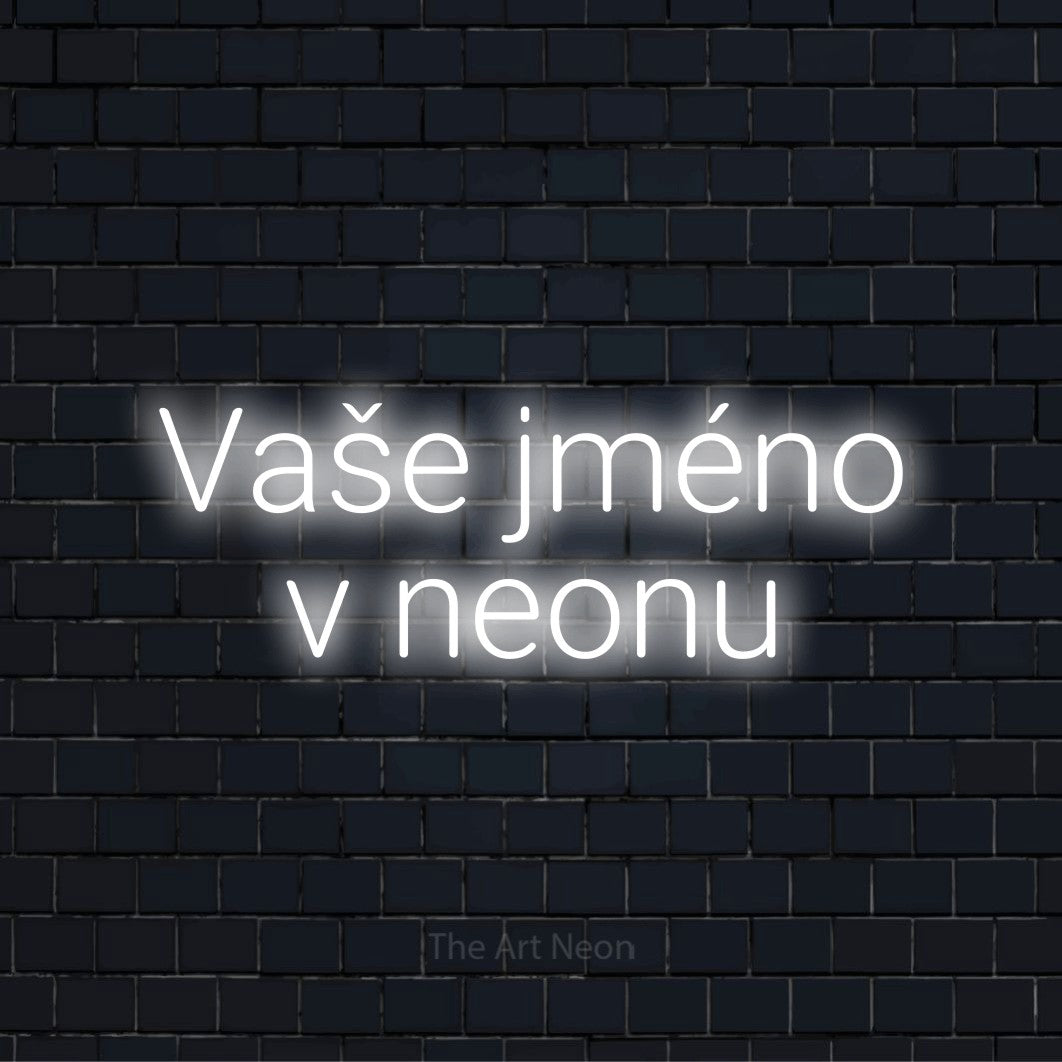 Neonový nápis na míru „Vaše jméno v neonu“ na černé cihlové zdi