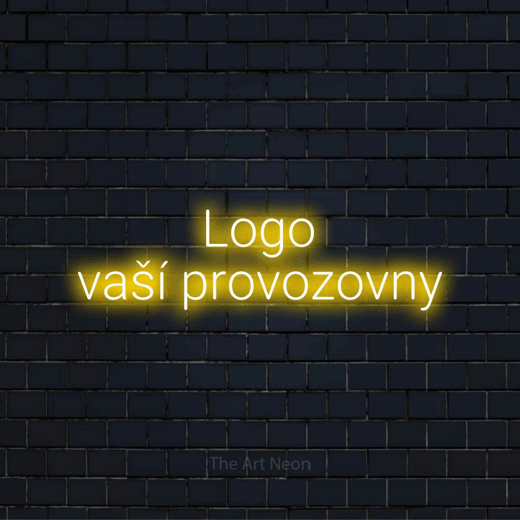 Neonový nápis na míru „Logo vaší provozovny“ na černé cihlové zdi