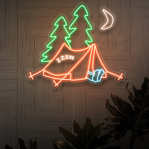 "Camping Neon Sign" - Seikkailunhaluinen neonvalo, jossa on sana "Camping", joka tuo ilmapiiriä, joka juhlii leirintähenkeä ja ulkoilua asuintilaasi.