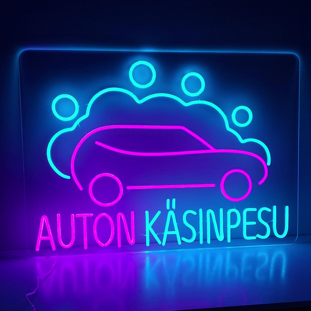 "Car Wash Neon Sign" - Eloisa neonvalo, jossa on sanat "Car Wash", joka luo kutsuvan ja dynaamisen ilmapiirin autopesuyrityksellesi.