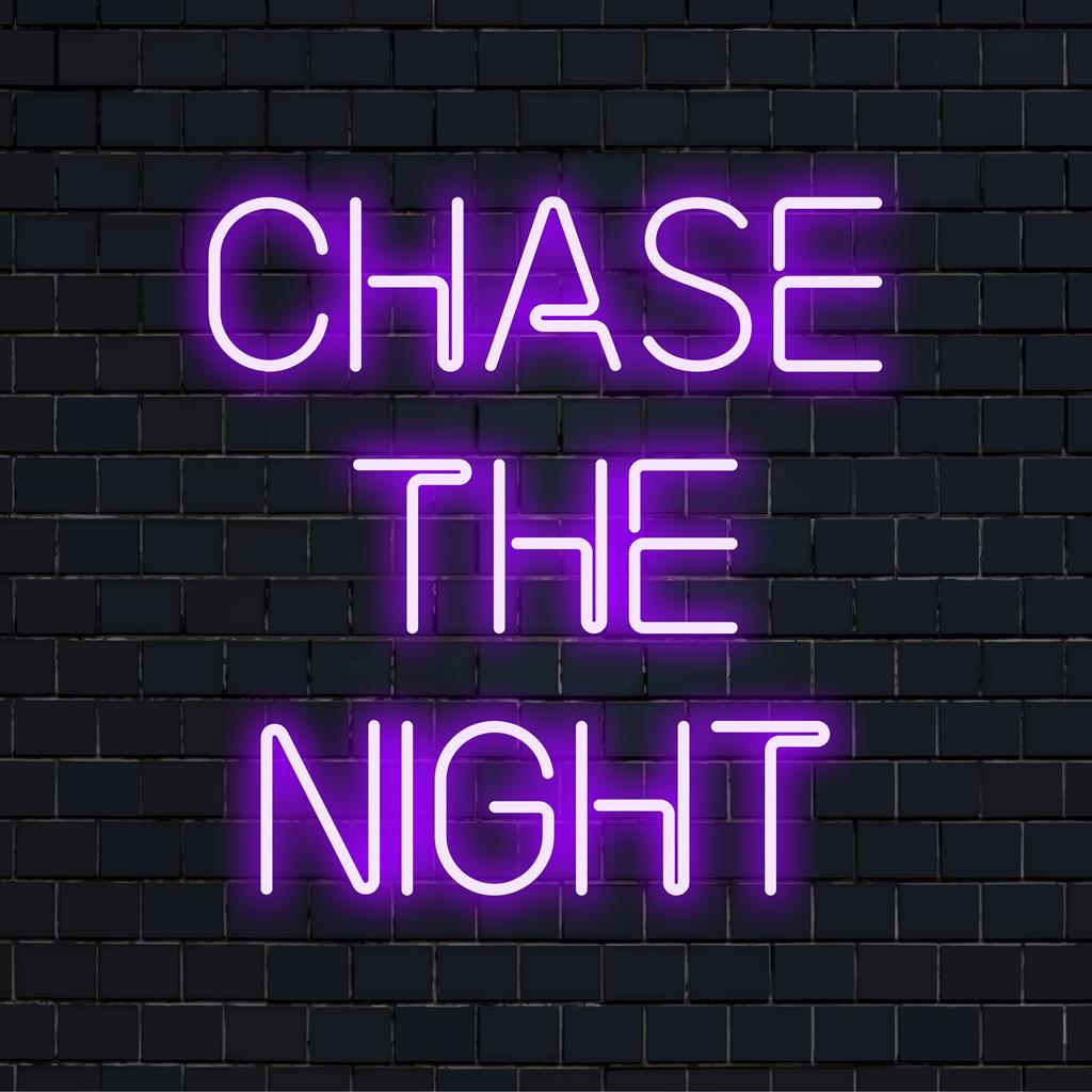 Vivid LED neon sign with the phrase Chase The Night; ideal for personalized neon light decor in any room.