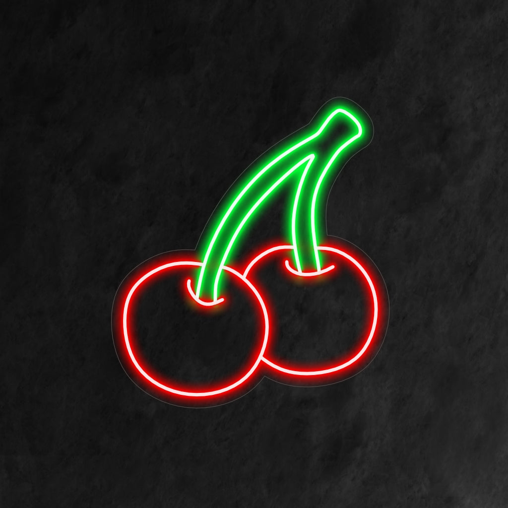 "Cherry Neon Sign" ��� Ihastuttava ja eloisa neonvalo, joka esittelee ikonisia kirsikoita ja lisää tilaan makeutta ja leikkisää charmia.
