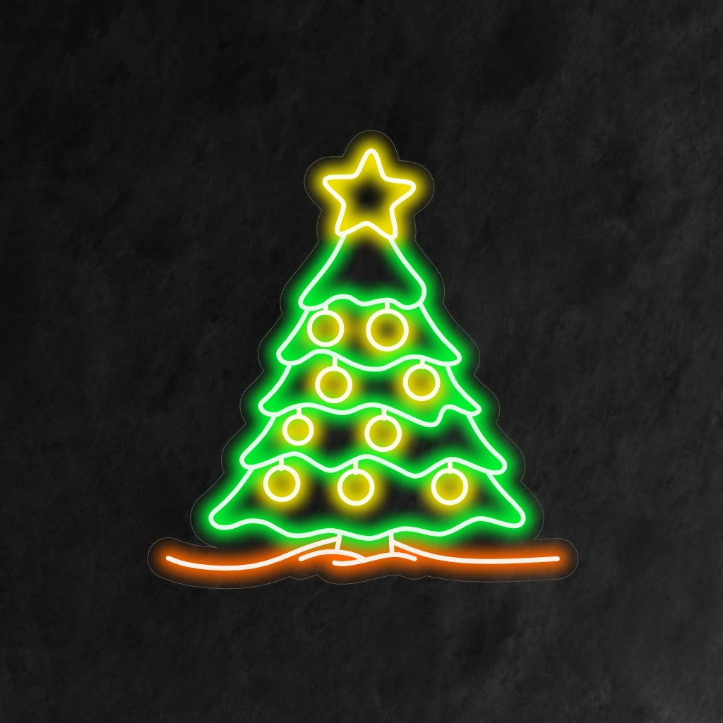 "Christmas Tree with Star Neon Sign" on juhlava ja klassinen lisä loma-aiheiseen sisustukseen. Neonvalo, joka vangitsee koristellun joulukuusen taian.