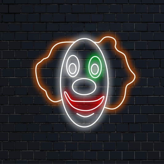 "Clown Face Neon Sign" ��� Leikkisä ja eloisa neonvalo, joka esittelee pellekasvojen hassua muotoilua ja lisää tilaan iloisuutta ja ripaus hauskuutta.
