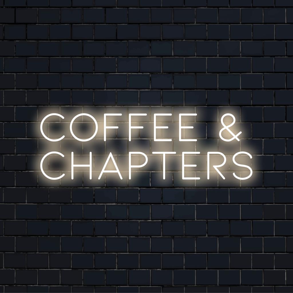 LED-neonkyltti, jossa on Coffee And Chapters, täydellinen viihtyisille kirjanurkkauksille ja kahvin ystäville. Räätälöity neonvalo sisustus.