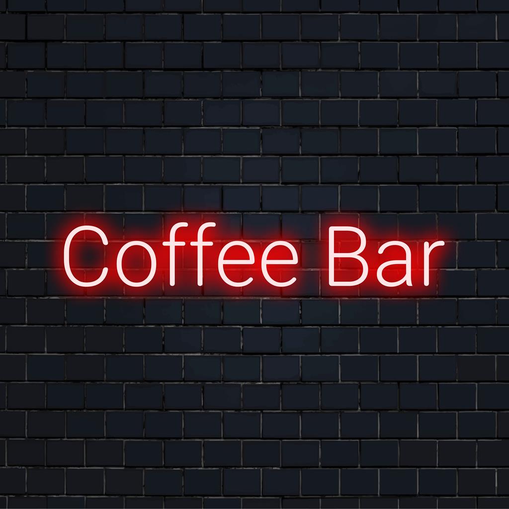 Mittatilaustyönä valmistettu LED-valokyltti sanoilla Coffee Bar, täydellinen kahviloiden sisustukseen ja persoonalliseen seinätaidevalaistukseen.