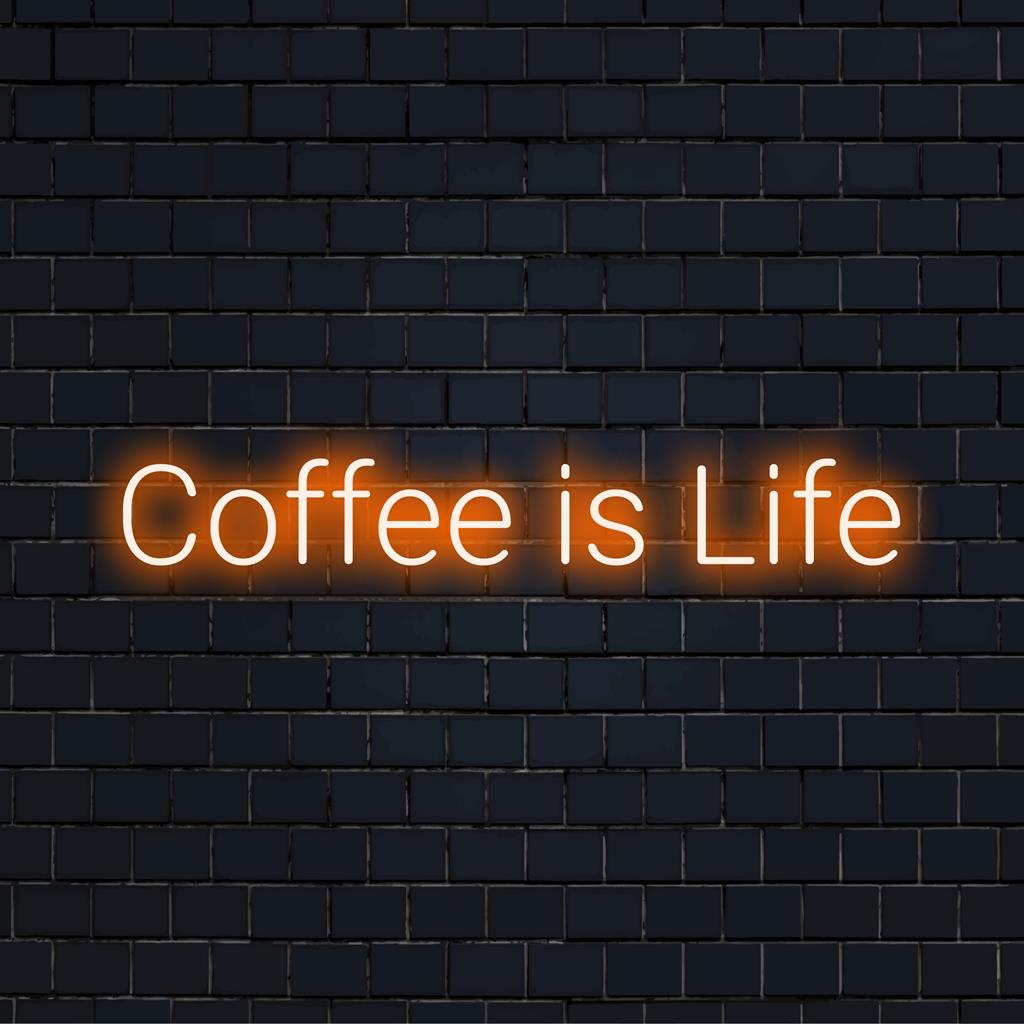 Mukautettu LED-valokyltti lauseella Coffee Is Life; sekoitus sanoja ja valoa, joka korostaa rakkauttasi kahviin.