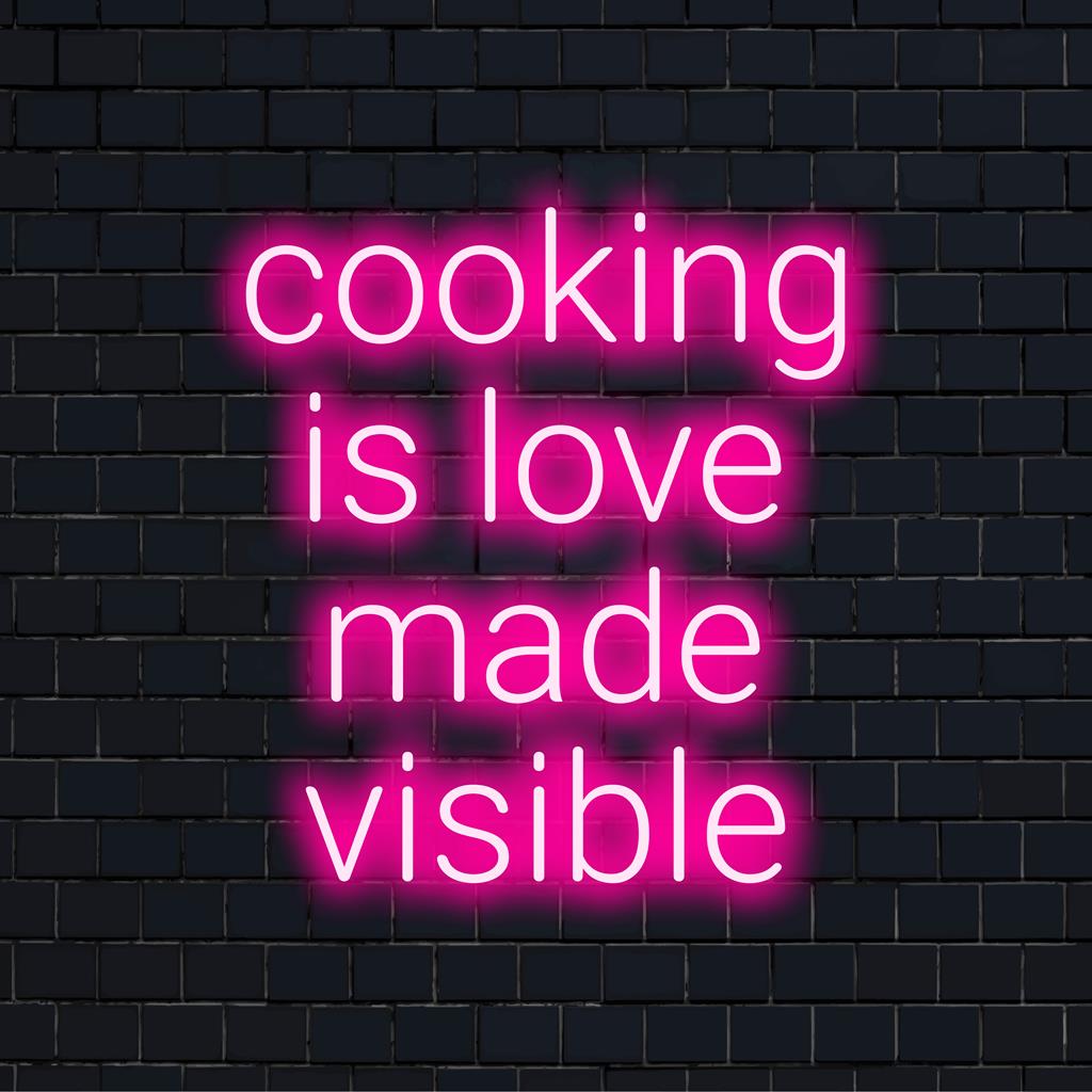 Mukautettu LED-valokyltti ilmauksella Cooking Is Love Made Visible elegantilla käsikirjoituksella; täydellinen keittiön neon sisustus.
