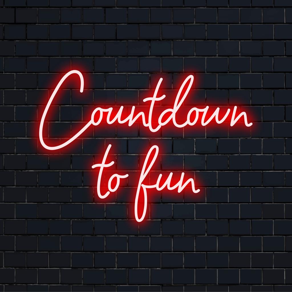 Livlig LED-neonskylt med Countdown To Fun, perfekt för livliga utrymmen. Anpassad neonljuskonst som förbättrar din inredning.