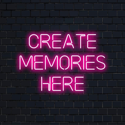 Mukautettu LED-neonkyltti, jossa on Create Memories Here eloisalla tekstillä, täydellinen yksilöllisen tunnelman luomiseen.