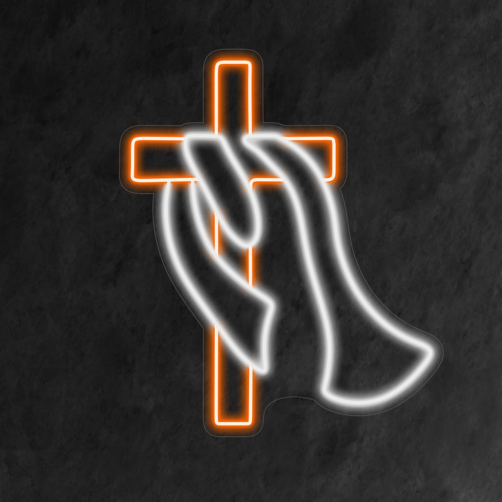 "Cross with Scarf Neon Sign" ��� Ainutlaatuinen ja tyylikäs neonvalo, jossa on huivilla koristeltu risti, joka lisää tilaan eloisuutta ja nykyaikaista charmia.