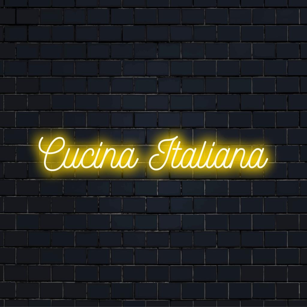 Tyylikäs LED-neonkyltti, jossa lukee Cucina Italiana, täydellinen lisäämään tyyliä mihin tahansa keittiönurkkaan tai italialaisaiheiseen tilaan.