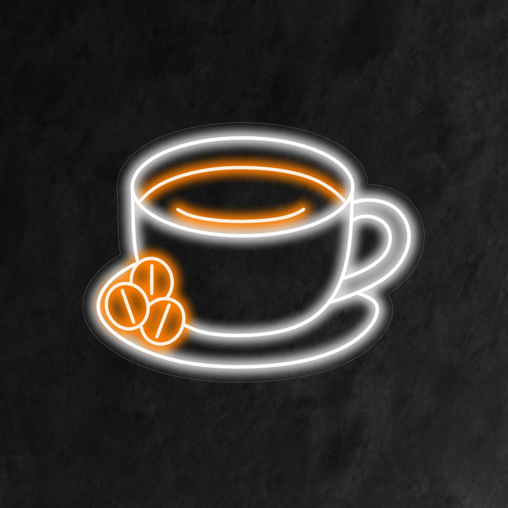 "Cup on A Dish with Coffee Neon Sign" ��� Viihtyisä ja kutsuva neonvalo, joka esittelee kupin kahvia sisältävällä lautasella ja tuo kahvinurkkaukseen tai kahvilaan lämpimän ja aromaattisen tunnelman.