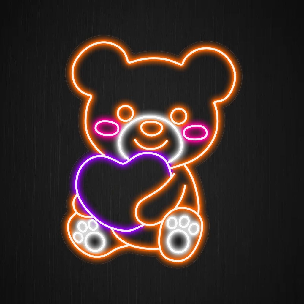 "Cute Teddy Bear Holding Heart Neon Sign" – A heartwarming and adorable neon light infusing your space with affection and delightful charm.