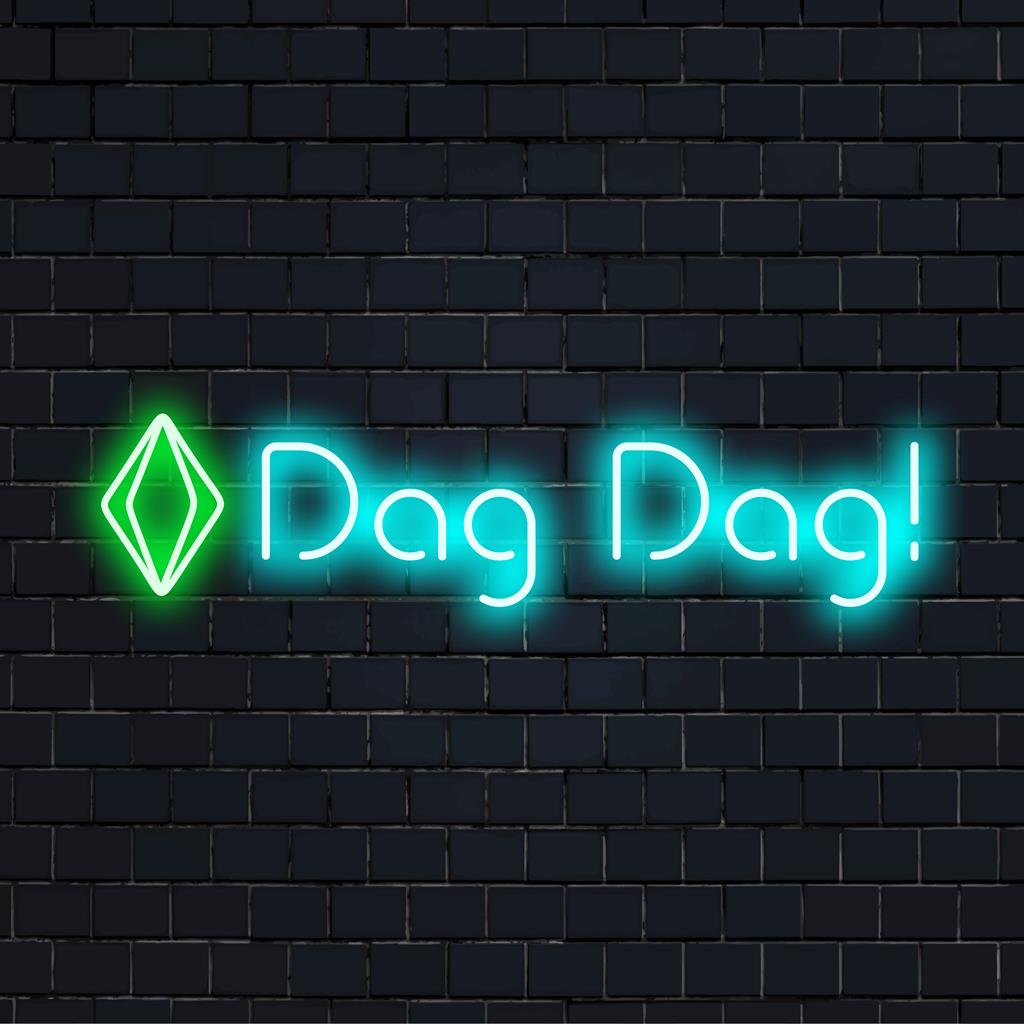 Livlig flerfärgad LED-neonskylt som visar Dag Dag! med utropskänsla; perfekt för personlig neoncitatkonst.