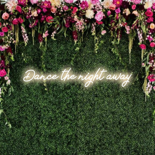 Mukautettava LED-valokyltti Dance The Night Away -tekstillä eloisaan sisustukseen, ihanteellinen klubeille ja tanssin harrastajille.