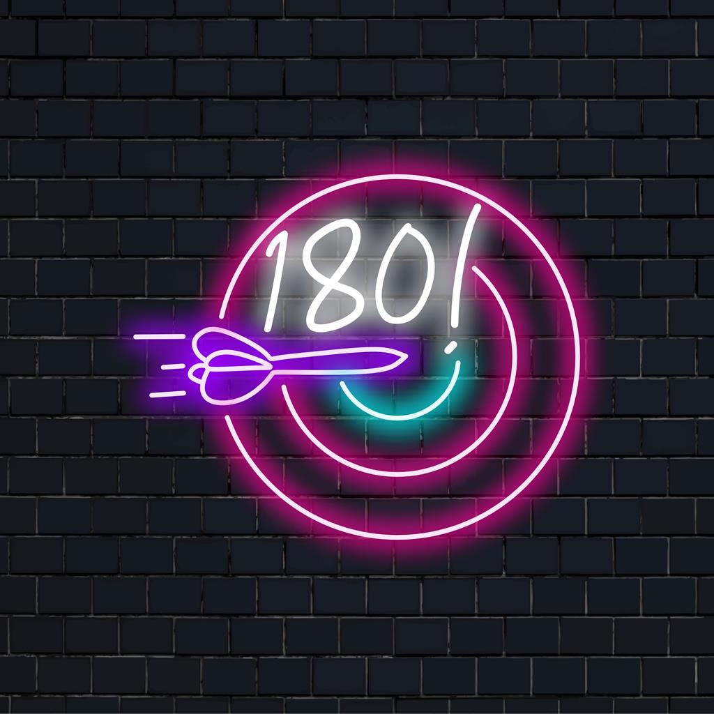 LED neonskylt med Dart 180! i livfulla färger, perfekt för spelrum och dartentusiaster. Anpassad LED-dekor.