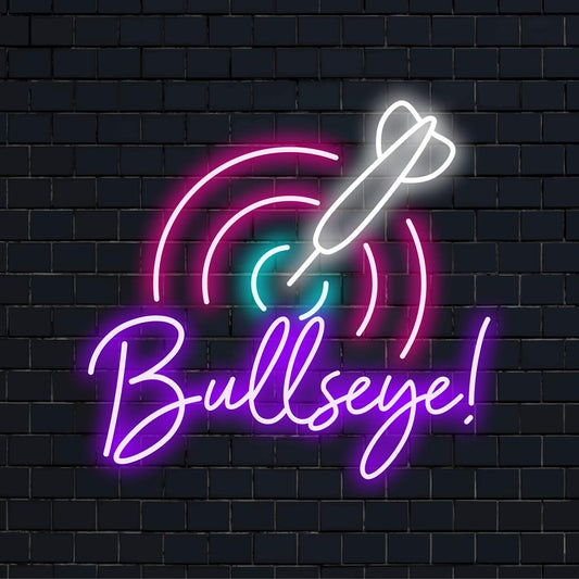 Colorful Darts Bullseye LED Neon Sign as vibrant neon light decor for game rooms and sports enthusiasts.