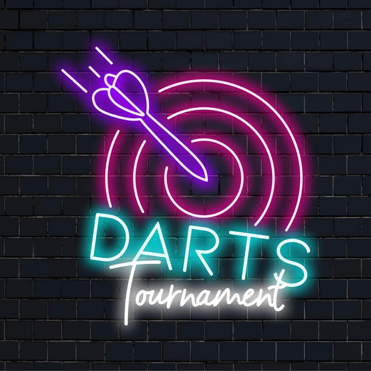 Custom LED neon sign with a vibrant green dart motif, perfect for game room decor and neon wall art enthusiasts.