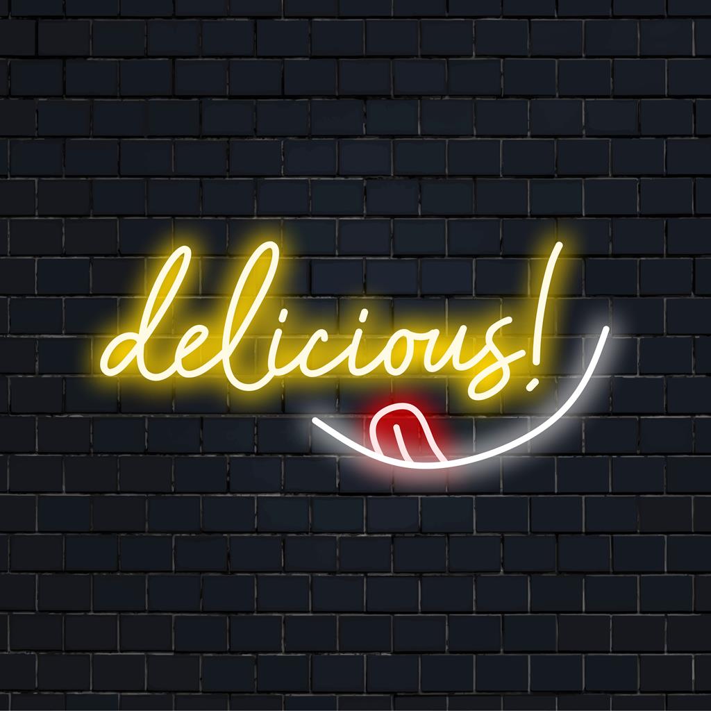 Elävä mukautettu LED-valokyltti sanalla "Delicious!". Täydellinen lisäämään viehätysvoimaa ja hehkua mihin tahansa tilaan.