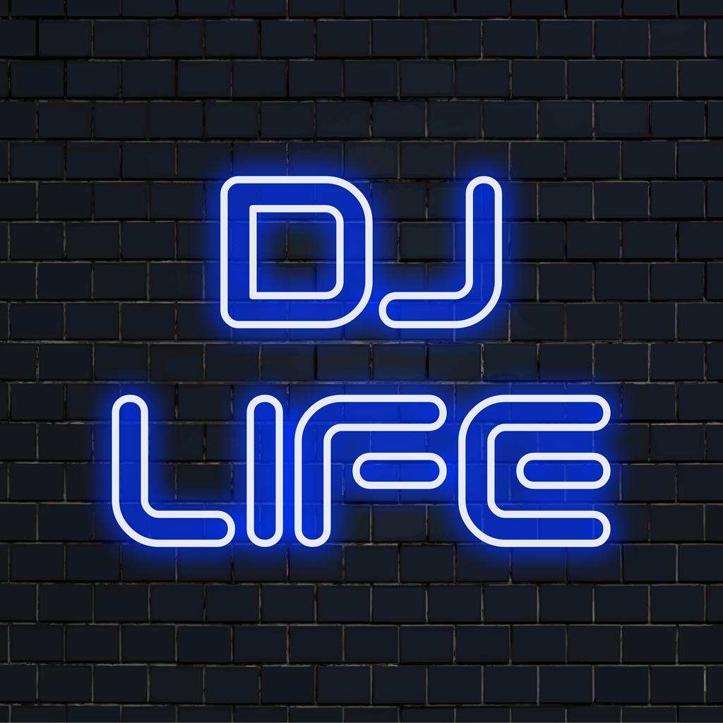 Vibrant custom made LED neon sign titled DJ Life, perfect for music lovers, adds a dynamic touch to your space.