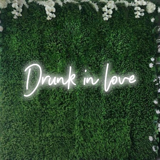 Vivid custom LED neon sign reads 'Drunk In Love', illuminating spaces with vibrant neon art and glowing ambiance.