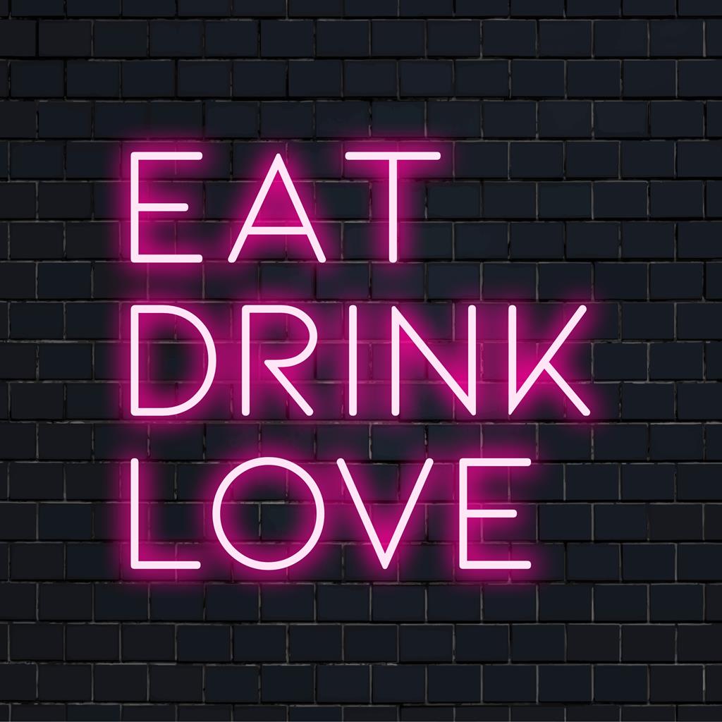 Räätälöity LED-neonkyltti, jossa näkyy Eat Drink Love, täydellinen eloisaan seinäsisustukseen ja korostaa mitä tahansa yksilöllistä tilaa.