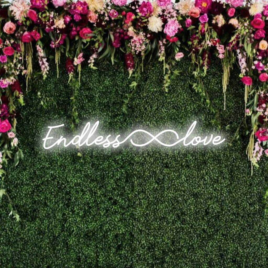 LED-neonkyltti, jossa on äärettömyyden symboli ja Endless Love -teksti, joka sopii täydellisesti mukautettuun neonseinätaiteeseen ja -sisustukseen.