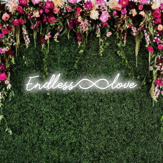 LED-neonkyltti, jossa on äärettömyyden symboli ja Endless Love -teksti, joka sopii täydellisesti mukautettuun neonseinätaiteeseen ja -sisustukseen.