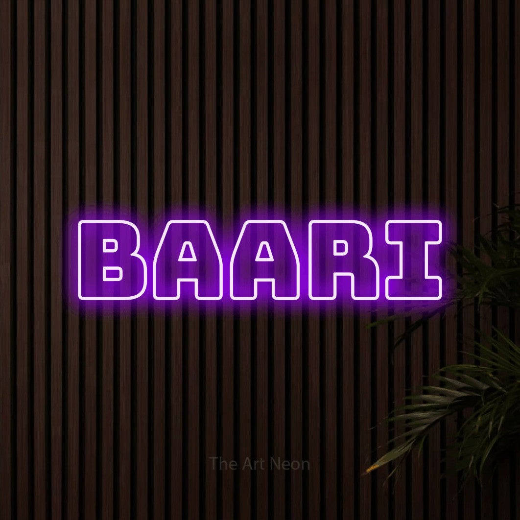LED neon sign reading “baari”, arranged in a single line.