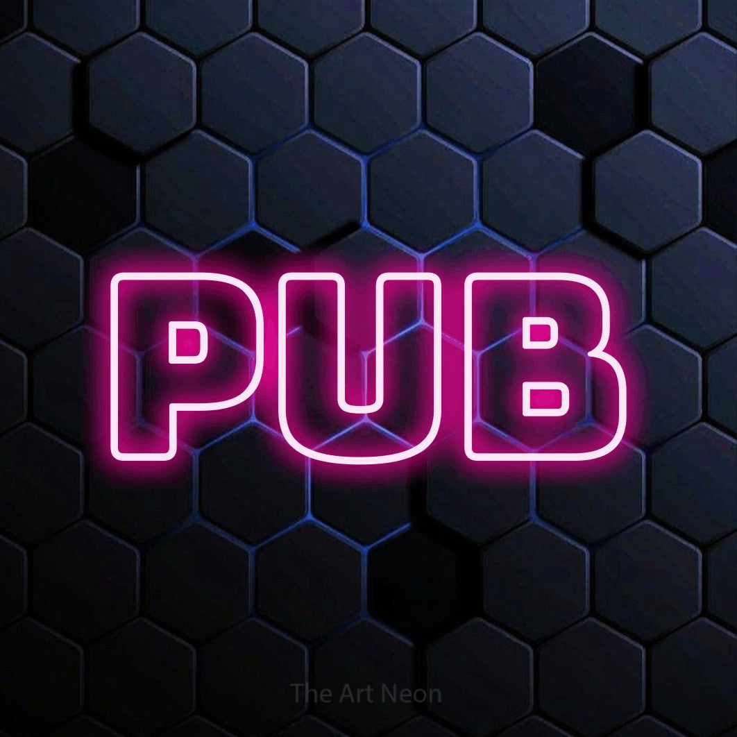 LED neon sign reading “Pub”, arranged in a single line.