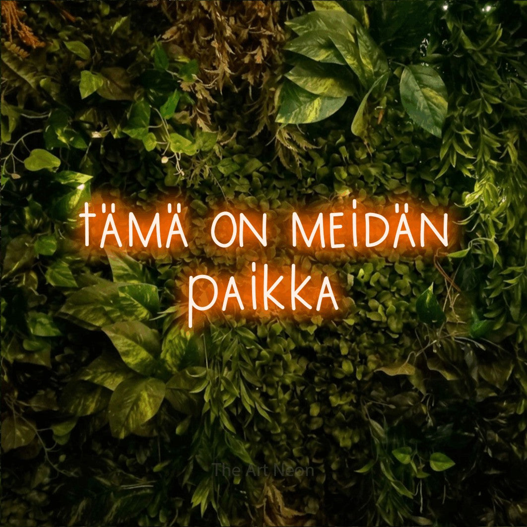 LED neon sign reading “tämä on meidän paikka”, arranged in 2 lines.