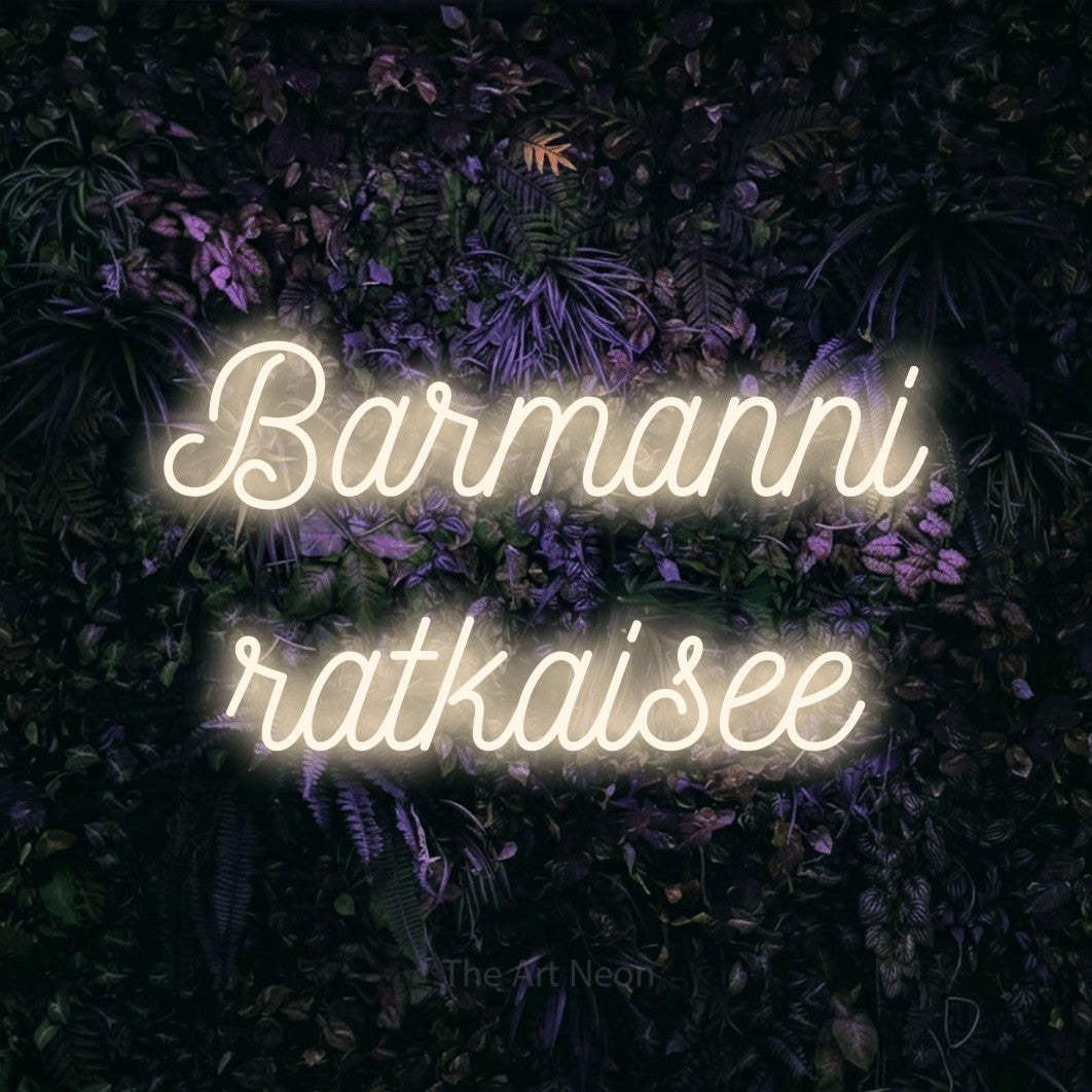 LED neon sign reading “Barmanni ratkaisee”, arranged in 2 lines.