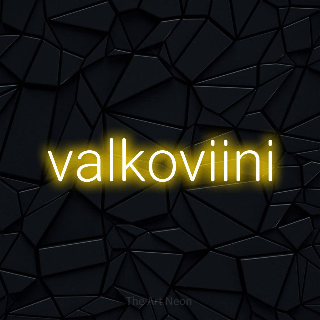 LED neon sign reading “valkoviini”, arranged in a single line.