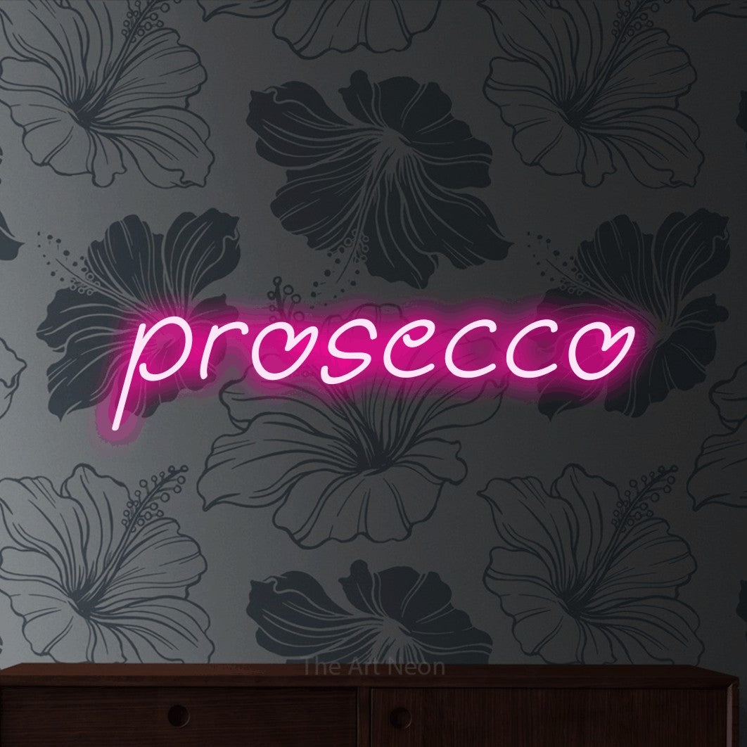 LED neon sign reading “prosecco”, arranged in a single line.