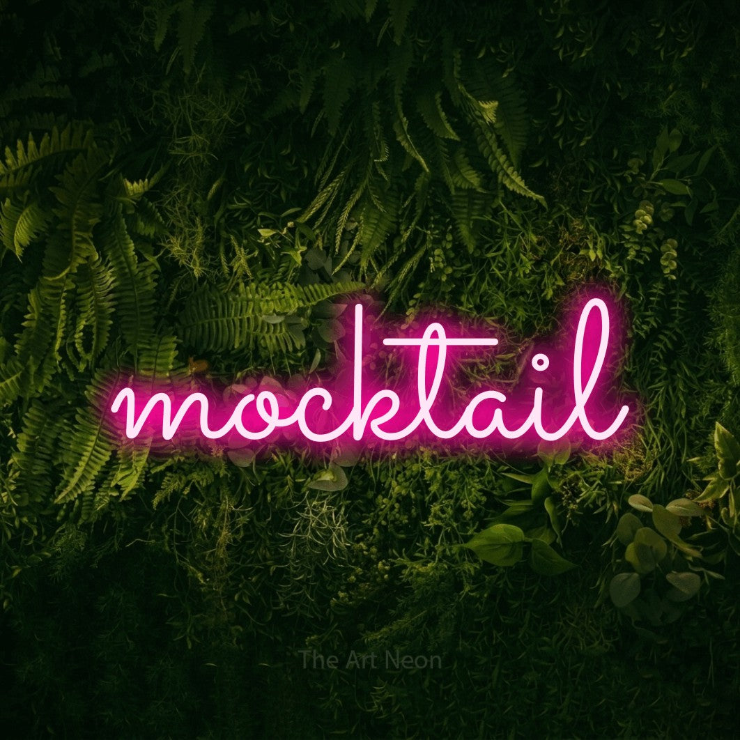 LED neon sign reading “mocktail”, arranged in a single line.
