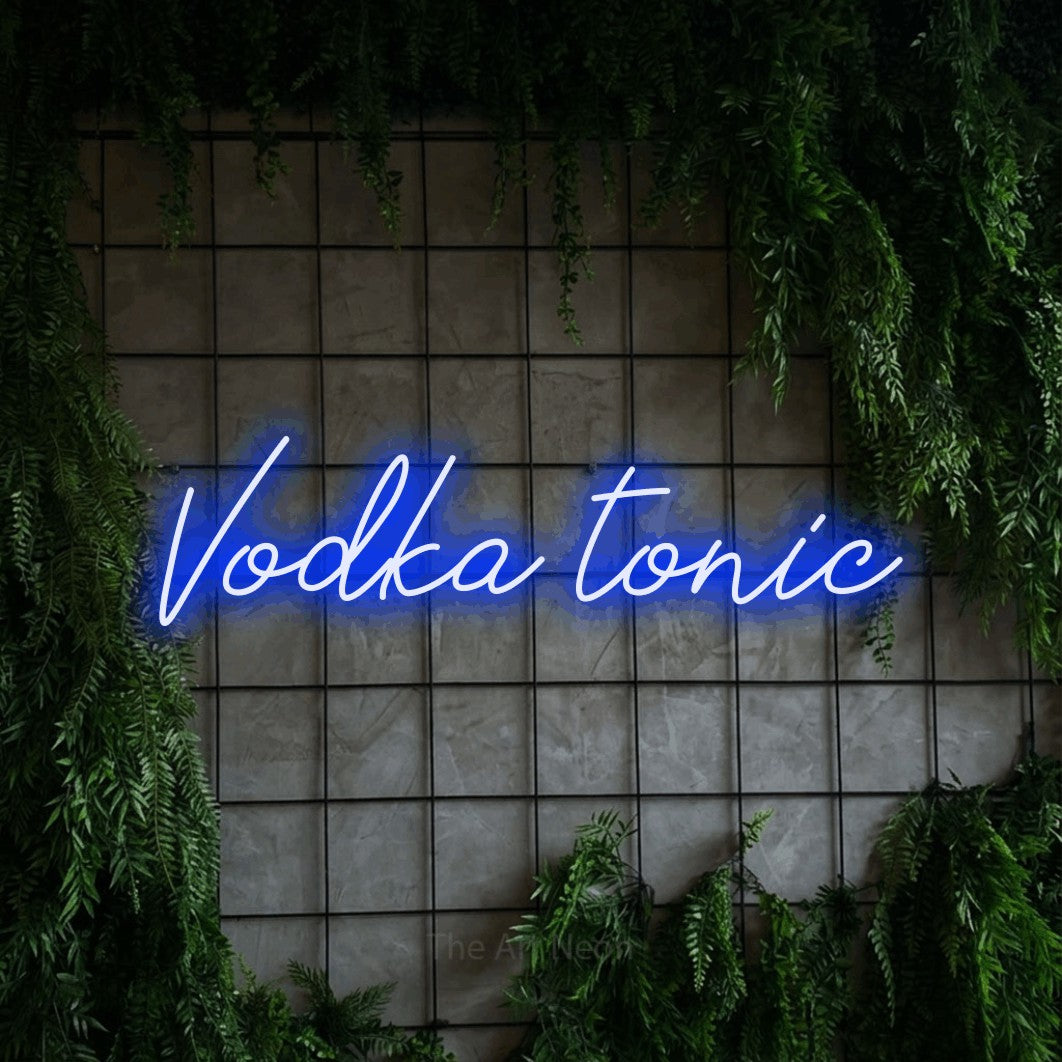 LED neon sign reading “Vodka tonic”, arranged in a single line.