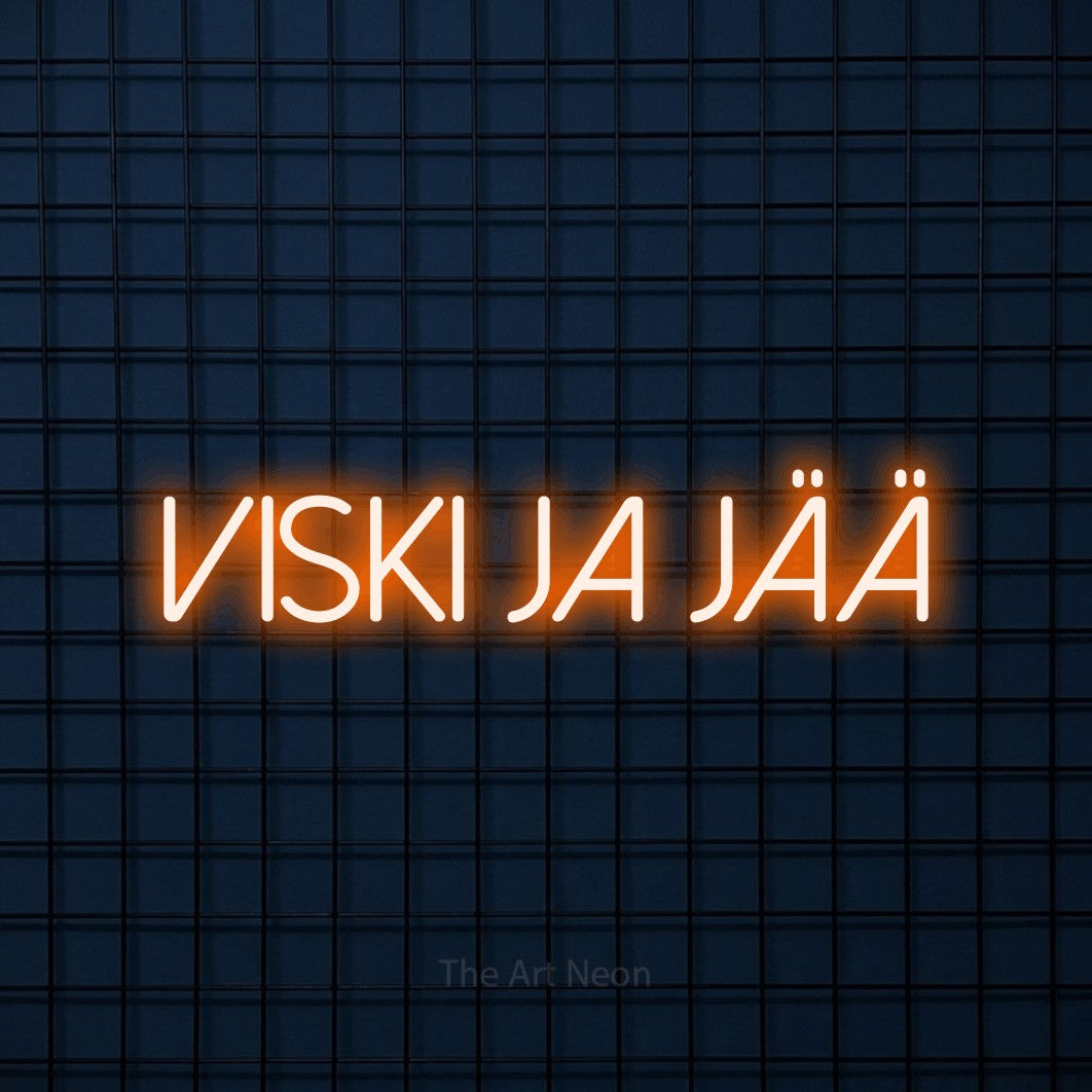 LED neon sign reading “Viski ja jää”, arranged in a single line.