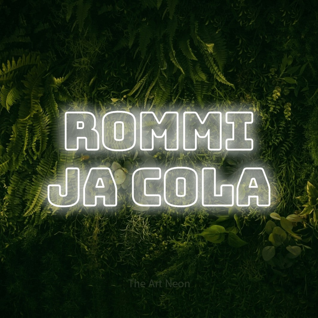 LED neon sign reading “Rommi ja cola”, arranged in 2 lines.