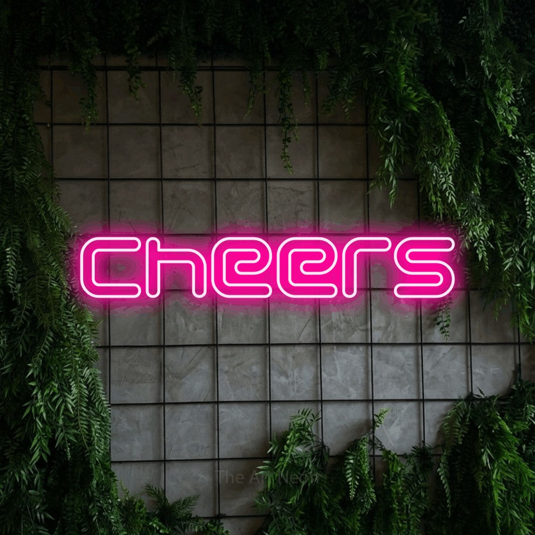 LED neon sign reading “Cheers”, arranged in a single line.