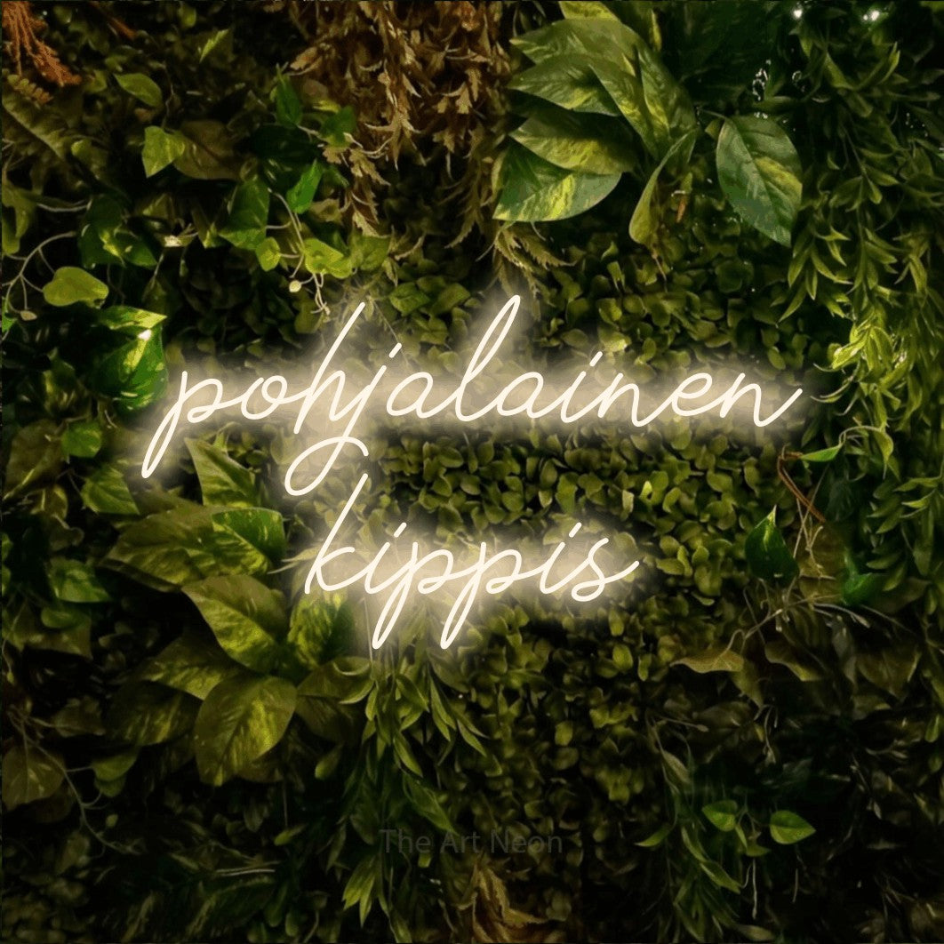 LED neon sign reading “pohjalainen kippis”, arranged in 2 lines.